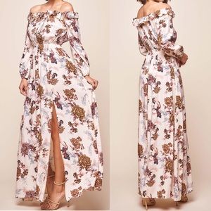 Tatiana Bardot Frill Neckline Maxi Dress Mocha